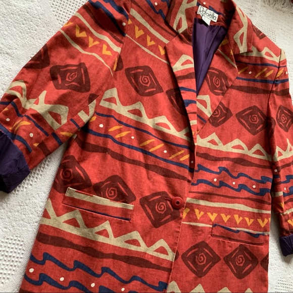 Oversized Vintage 90's Geo Batik Print one-button Linen Blazer 12 - Picture 6 of 9